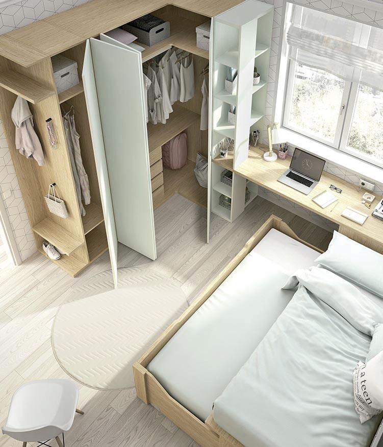 Habitación con cama compacta con zona de estudio y armario esquinero - Cama  Compacta (Madrid)